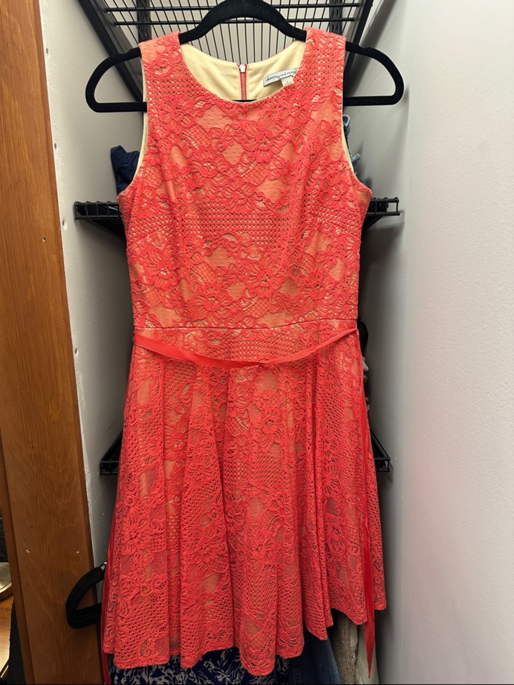 Sleeveless Coral Lace Fit-and-Flare Dress